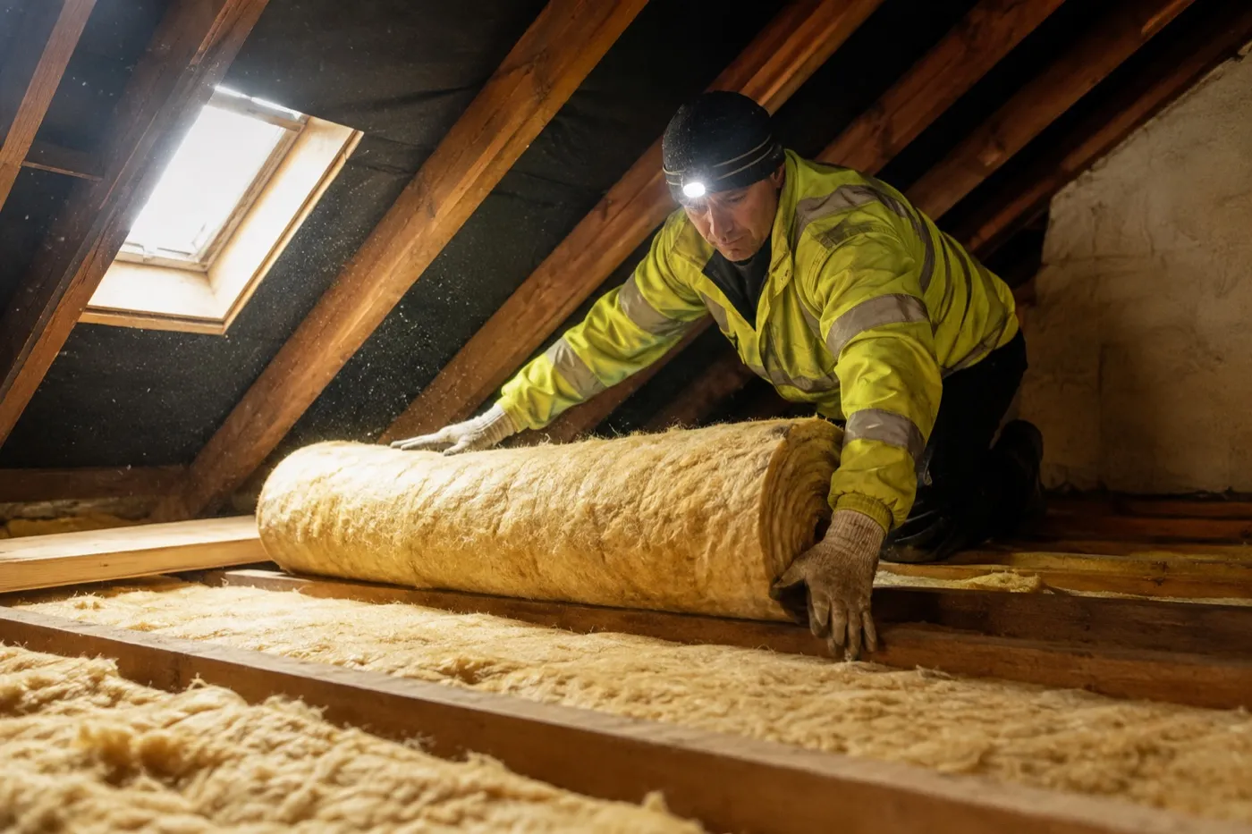 A worker laying a thick roll of mineral wool insulation between timber joists in an Irish attic