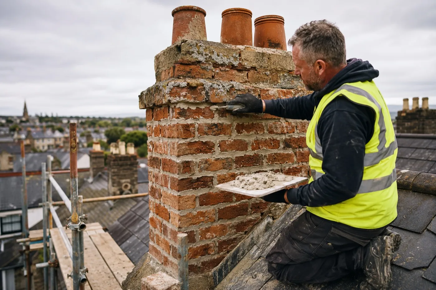 A roofer repointing a weathered red-brick chimney stack on the slate roof of an Irish home