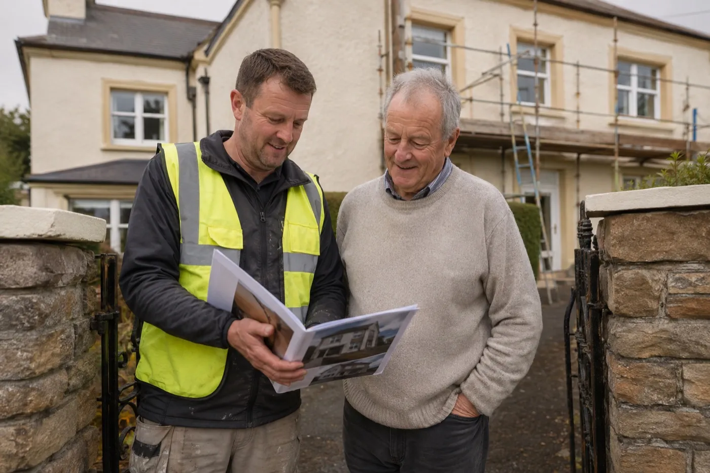 A contractor walking a homeowner through a documented job folder outside an Irish home being insulated