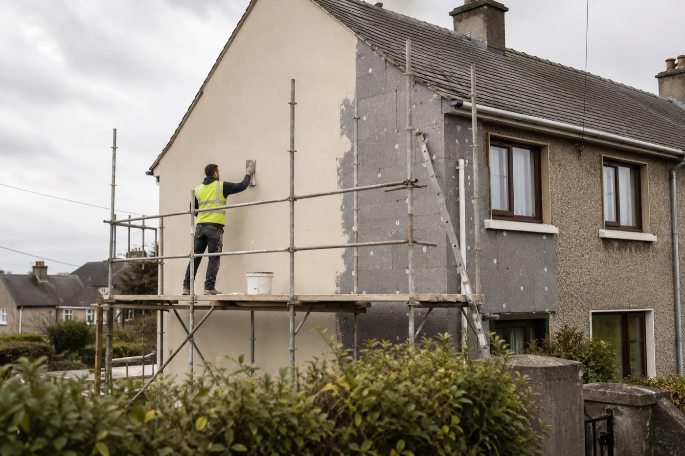An Irish semi-detached home mid-way through a complete insulation upgrade, with new external insulation boards and fresh render on scaffolding