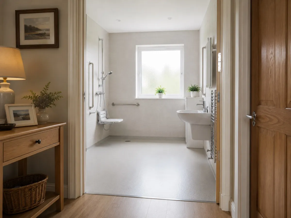 A bright, accessible ground-floor bedroom and wet room adapted for wheelchair use in an Irish home