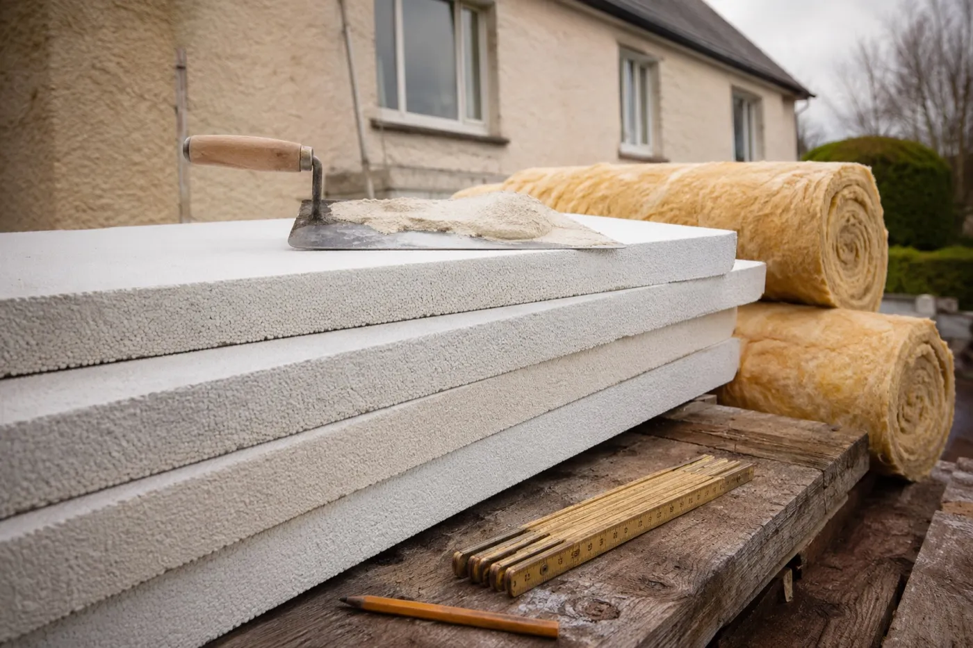 Insulation materials on a work site: external wall insulation boards, a trowel with fresh render and rolls of mineral wool