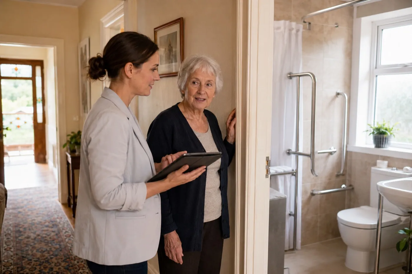An occupational therapist assessing an Irish home for accessibility adaptations with a homeowner