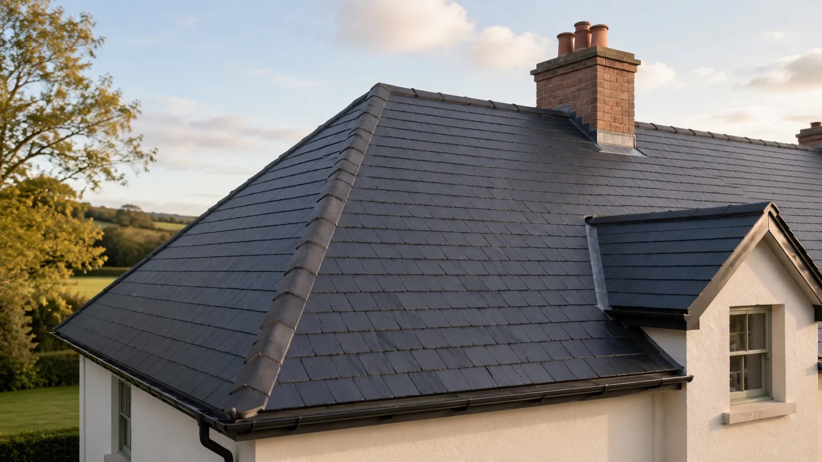 A freshly reroofed slate roof on an Irish home