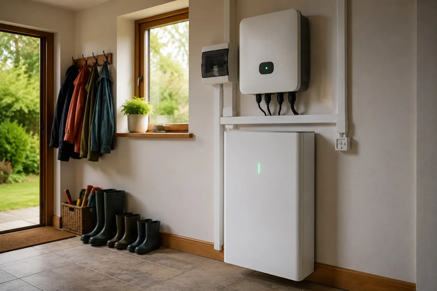 A home battery storage unit and inverter mounted neatly on the wall of a tidy Irish utility room