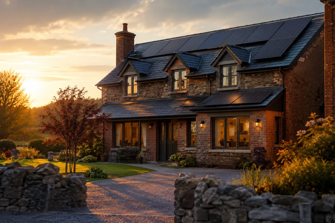 An Irish family home at golden hour with solar panels on the slate roof catching the low sun