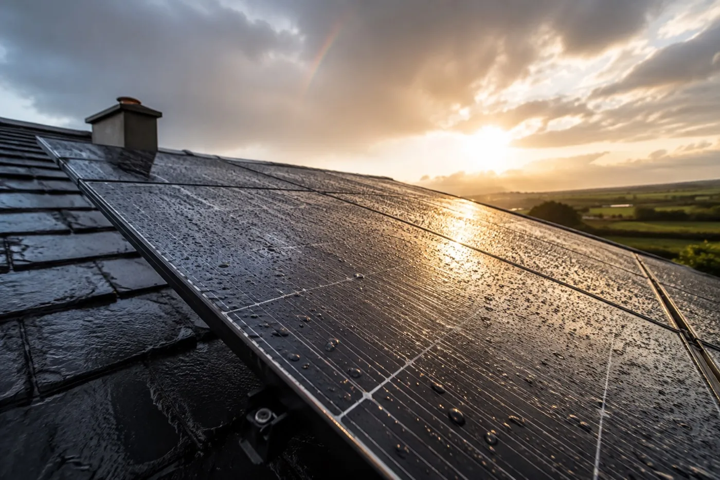 Rain-beaded solar panels on an Irish slate roof as low sun breaks through dramatic clouds