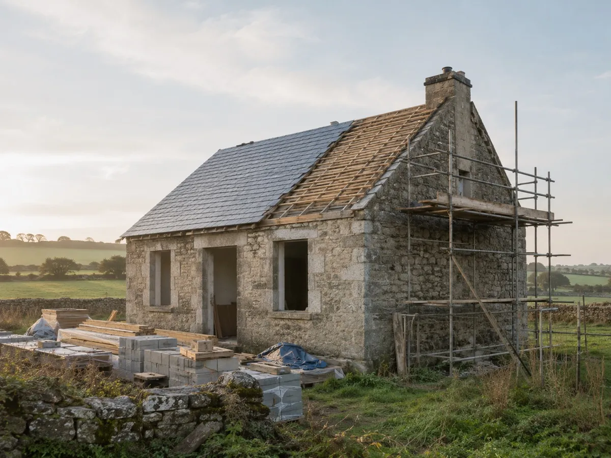 A vacant Irish stone cottage under refurbishment with scaffolding, funded by the Croi Conaithe grant