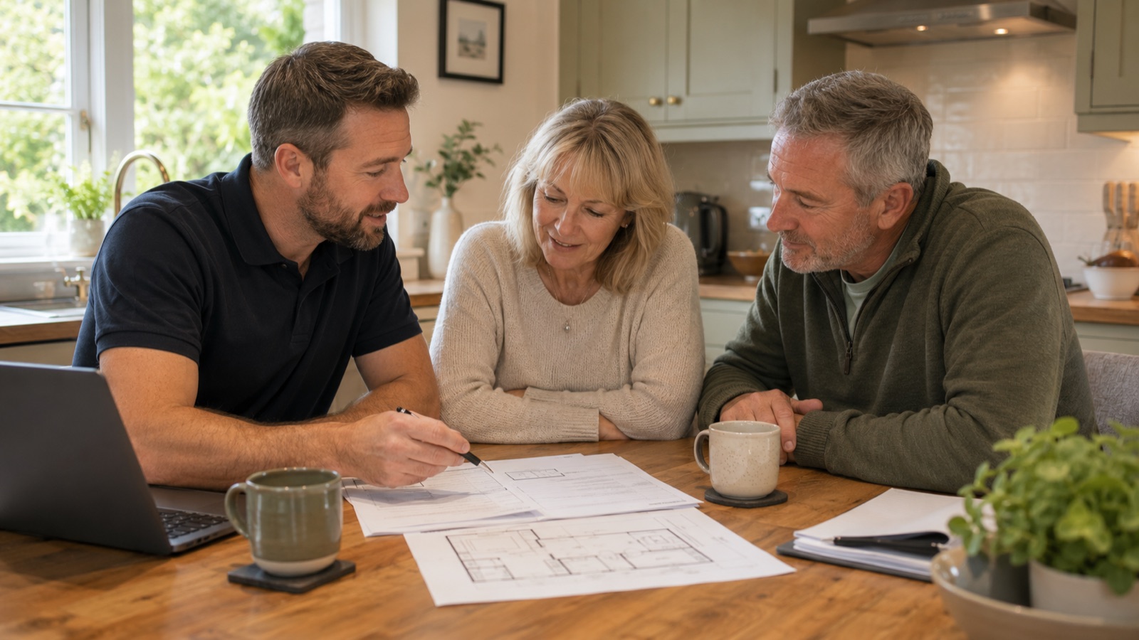 A Ballyhome assessor going through grant application forms with homeowners at their kitchen table