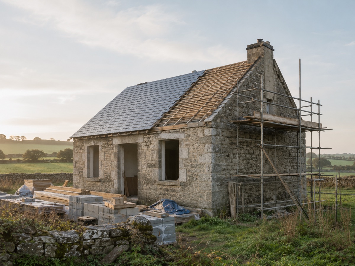 Vacant Irish stone cottage under refurbishment with scaffolding, funded by the Croi Conaithe grant