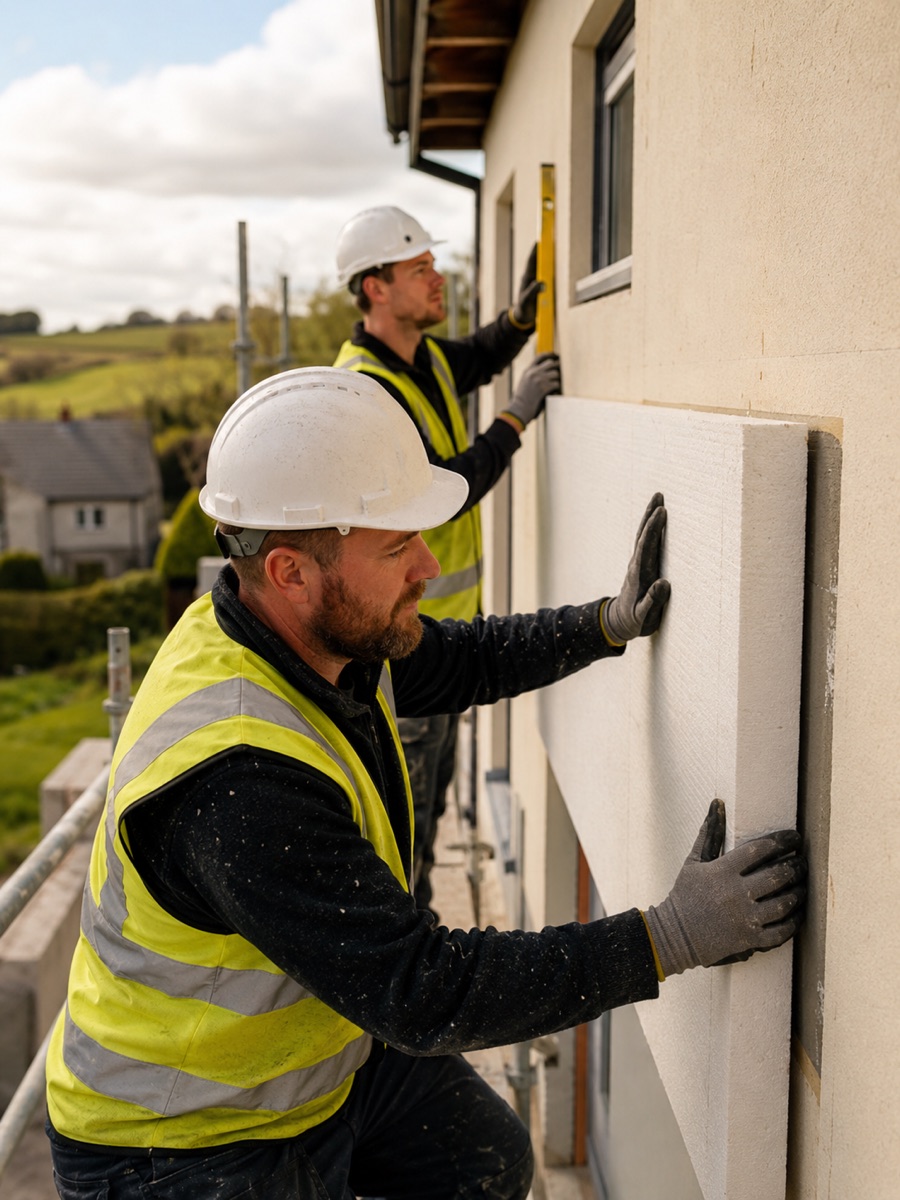 Two Ballyhome crew members fitting external wall insulation on a Cork home