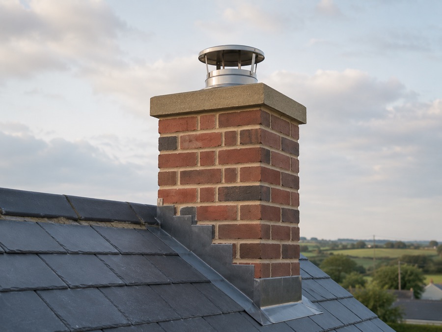 Rebuilt chimney stack on a slate roof