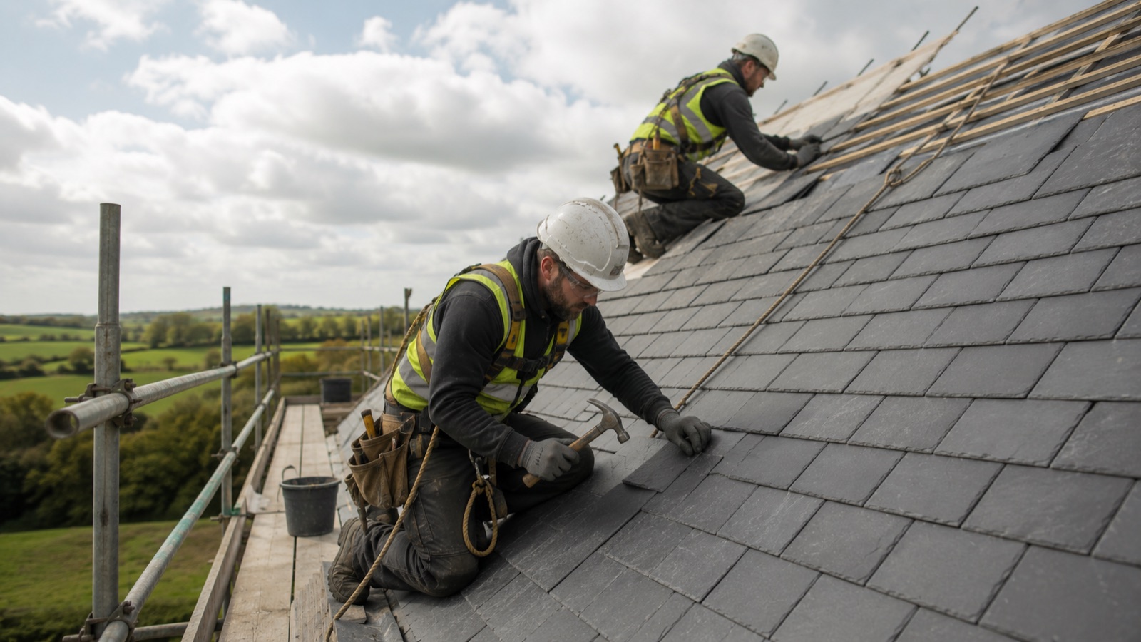 Harnessed Ballyhome roofers in full PPE laying natural slate on an Irish roof