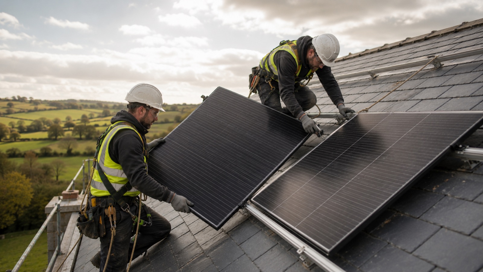 Ballyhome installers in PPE mounting solar panels on a slate roof